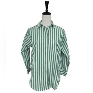 J.Crew Green White Striped Button Down Shirt Relaxed Fit Cotton Size 2